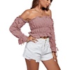 image:imageLYANER Womens Corset Off Shoulder Puff Long Sleeve Ruffle Tie Front Crop Top Blouse ShirtDusty Pink