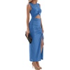 image:imageLYANER Womens Crew Neck Cut Out Bodycon Midi Dress Elegant Ribbed Knit Sleeveless Split Hem Cocktail Party Summer OutfitsDenim Blue