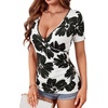 image:imageLYANER Womens Deep V Neck Wrap Short Sleeve Shirts Fitted Ruched Blouse Going Out Summer TopsWhite Black Floral