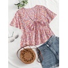 image:imageLYANER Womens Floral Print V Neck Tie Knot Ruffle Hem Short Sleeve Blouse Peplum TopPink Red Floral