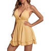 image:imageLYANER Womens Halter Deep V Neck Backless Ruffle Sleeveless Sexy Skater Mini DressBaby Yellow