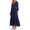image:imageLYANER Womens Henley V Neck Button 34 Sleeve Ruched Tiered Flowy A Line Casual Long DressNavy Blue