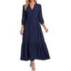 image:imageLYANER Womens Henley V Neck Button 34 Sleeve Ruched Tiered Flowy A Line Casual Long DressNavy Blue