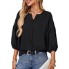image:imageLYANER Womens Notched V Neck Puff Half Sleeve Button Down Loose Casual Blouse Top ShirtBlack