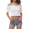 image:imageLYANER Womens Off Shoulder Shirred Short Sleeve Crop Blouse Tee TopWhite