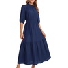image:imageLYANER Womens Ruched Ruffle Crewneck Half Sleeve Flowy A Line Wedding Guest Long DressDark Blue
