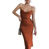 image:imageLYANER Womens Satin Cowl Neck Straps Slip Sexy Cut Out Cocktail Midi Dress Brown Solid Small