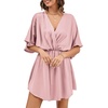 image:imageLYANER Womens Satin V Neck Twist Ruffle Flowy Swing Short Sleeve Elegant Mini DressBaby Pink