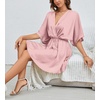 image:imageLYANER Womens Satin V Neck Twist Ruffle Flowy Swing Short Sleeve Elegant Mini DressBaby Pink