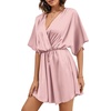 image:imageLYANER Womens Satin V Neck Twist Ruffle Flowy Swing Short Sleeve Elegant Mini DressBaby Pink