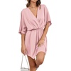 image:imageLYANER Womens Satin V Neck Twist Ruffle Flowy Swing Short Sleeve Elegant Mini DressBaby Pink