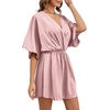 image:imageLYANER Womens Satin V Neck Twist Ruffle Flowy Swing Short Sleeve Elegant Mini DressBaby Pink