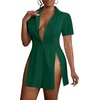 image:imageLYANER Womens Split Shirt Dress Collar Neck Button Down Short Sleeve Sexy Mini Dresses Club OutfitsDark Green