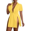 image:imageLYANER Womens Split Shirt Dress Collar Neck Button Down Short Sleeve Sexy Mini Dresses Club OutfitsYellow