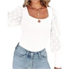 image:imageLYANER Womens Square Neck Blouse Sheer Mesh Lantern Sleeve Polka Dot Knit Business Casual Tops ShirtsPure White