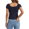 image:imageLYANER Womens Square Neck Drawstring Tie Button Down Short Sleeve Cute Blouse Top ShirtsNavy Blue