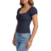 image:imageLYANER Womens Square Neck Drawstring Tie Button Down Short Sleeve Cute Blouse Top ShirtsNavy Blue