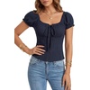 image:imageLYANER Womens Square Neck Drawstring Tie Button Down Short Sleeve Cute Blouse Top ShirtsNavy Blue