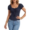 image:imageLYANER Womens Square Neck Drawstring Tie Button Down Short Sleeve Cute Blouse Top ShirtsNavy Blue