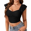 image:imageLYANER Womens Summer Sweetheart Blouse Smocked Backless Ruffle Sleeve Tank Crop TopsBlack