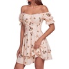 image:imageLYANER Womens Tie Back Off Shoulder Wrap Layer Ruffle A Line Short Sleeve Casual Mini DressCream Brown Ditsy