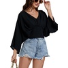 image:imageLYANER Womens V Neck Ruhed Tie Knot Back 34 Sleeve Elegant Crop Top Blouse ShirtBlack