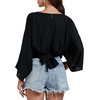 image:imageLYANER Womens V Neck Ruhed Tie Knot Back 34 Sleeve Elegant Crop Top Blouse ShirtBlack