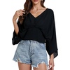 image:imageLYANER Womens V Neck Ruhed Tie Knot Back 34 Sleeve Elegant Crop Top Blouse ShirtBlack