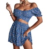 image:imageLYANER Womens 2 Piece Outfits Floral Off Shoulder Tie Up Crop Top and Mini Skirt SetRoyal Blue Floral