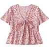image:imageLYANER Womens Floral Print V Neck Tie Knot Ruffle Hem Short Sleeve Blouse Peplum TopPink Red Floral
