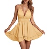 image:imageLYANER Womens Halter Deep V Neck Backless Ruffle Sleeveless Sexy Skater Mini DressBaby Yellow