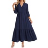 image:imageLYANER Womens Henley V Neck Button 34 Sleeve Ruched Tiered Flowy A Line Casual Long DressNavy Blue