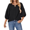image:imageLYANER Womens Notched V Neck Puff Half Sleeve Button Down Loose Casual Blouse Top ShirtBlack