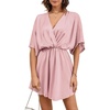 image:imageLYANER Womens Satin V Neck Twist Ruffle Flowy Swing Short Sleeve Elegant Mini DressBaby Pink