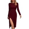 image:imageLYANER Womens Split Thigh Slit Hem Crew Neck Long Sleeve Solid Bodycon Midi DressSolid Wine Red