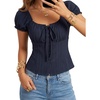 image:imageLYANER Womens Square Neck Drawstring Tie Button Down Short Sleeve Cute Blouse Top ShirtsNavy Blue
