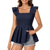 image:imageLYANER Womens Square Neck Ruffle Cap Short Sleeve Smocked Summer Peplum Top Babydoll Flowy Blouse TankSolid Navy