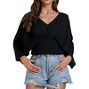 image:imageLYANER Womens V Neck Ruhed Tie Knot Back 34 Sleeve Elegant Crop Top Blouse ShirtBlack