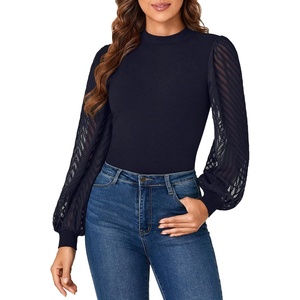 image:imageLYANER Womens Casual Mesh Sleeve Shirts Elegant Blouse Spring TopsNavy Blue
