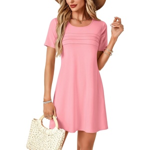 image:imageLYANER Womens Casual Short Sleeve Dress Pleated A Line Flowy Mini T Shirt DressPink