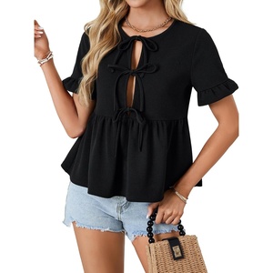 image:imageLYANER Womens Casual Tie Front Peplum Top Flounce Short Sleeve Ruffle Hem Babydoll BlouseBlack