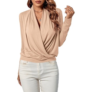 image:imageLYANER Womens Casual V Neck Cross Wrap Long Sleeve Solid Blouse Shirt TopBeige