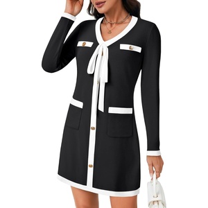 image:imageLYANER Womens Color Block Bow Tie V Neck Button Long Sleeve Elegant Mini Short DressBlack