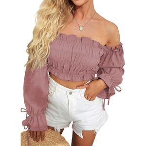 image:imageLYANER Womens Corset Off Shoulder Puff Long Sleeve Ruffle Tie Front Crop Top Blouse ShirtDusty Pink