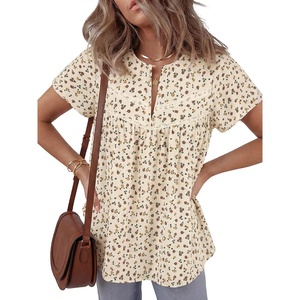 image:imageLYANER Womens Floral Lace Trim Ruffle Short Sleeve Round Neck Casual Blouse TopBeige