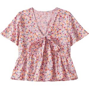 image:imageLYANER Womens Floral Print V Neck Tie Knot Ruffle Hem Short Sleeve Blouse Peplum TopPink Red Floral