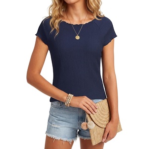 image:imageLYANER Womens Frill Trim Round Neck Raglan Cap Sleeve Dressy Casual Blouse Top T ShirtsNavy Blue