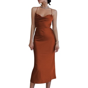 image:imageLYANER Womens Satin Cowl Neck Straps Slip Sexy Cut Out Cocktail Midi Dress Brown Solid Small