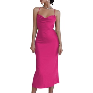 image:imageLYANER Womens Satin Cowl Neck Straps Slip Sexy Cut Out Cocktail Midi Dress Rose Red XSmall