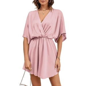 image:imageLYANER Womens Satin V Neck Twist Ruffle Flowy Swing Short Sleeve Elegant Mini DressBaby Pink